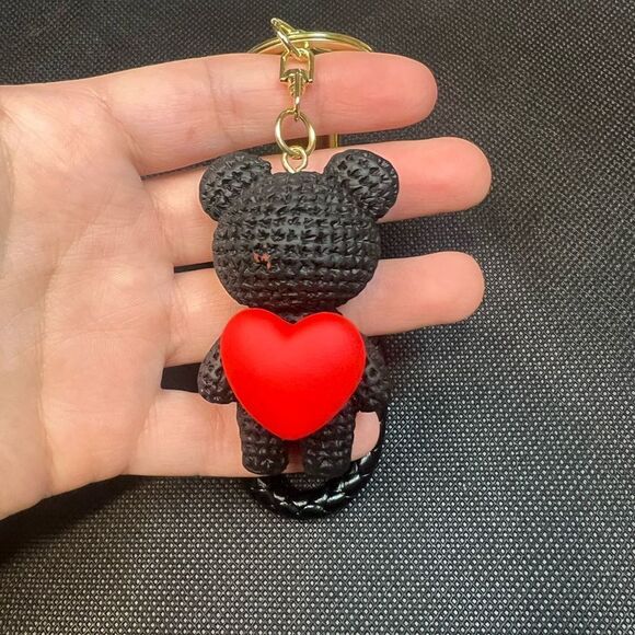Black Bear Keychain with Red Heart Charm - Picture 3 of 5